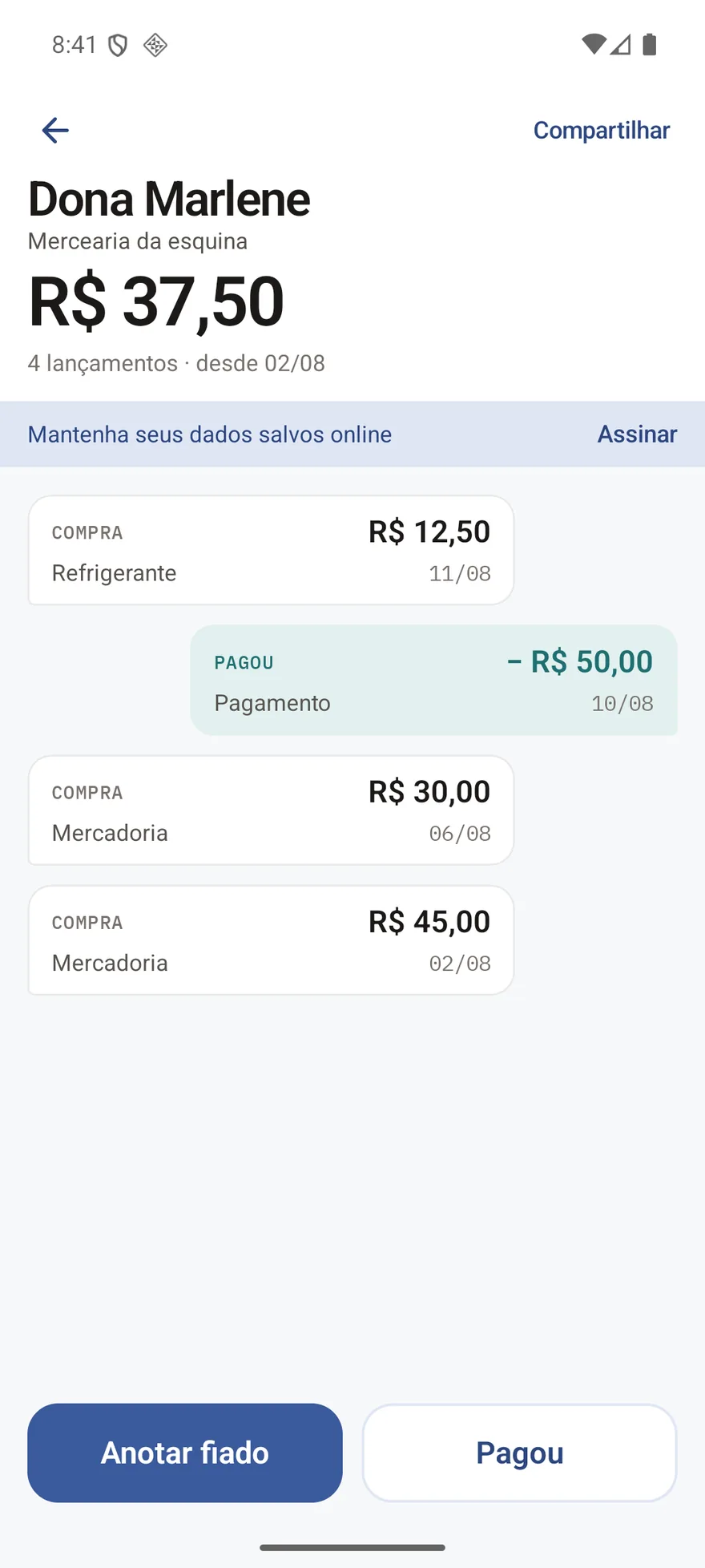 O histórico de um cliente, com as compras e os pagamentos